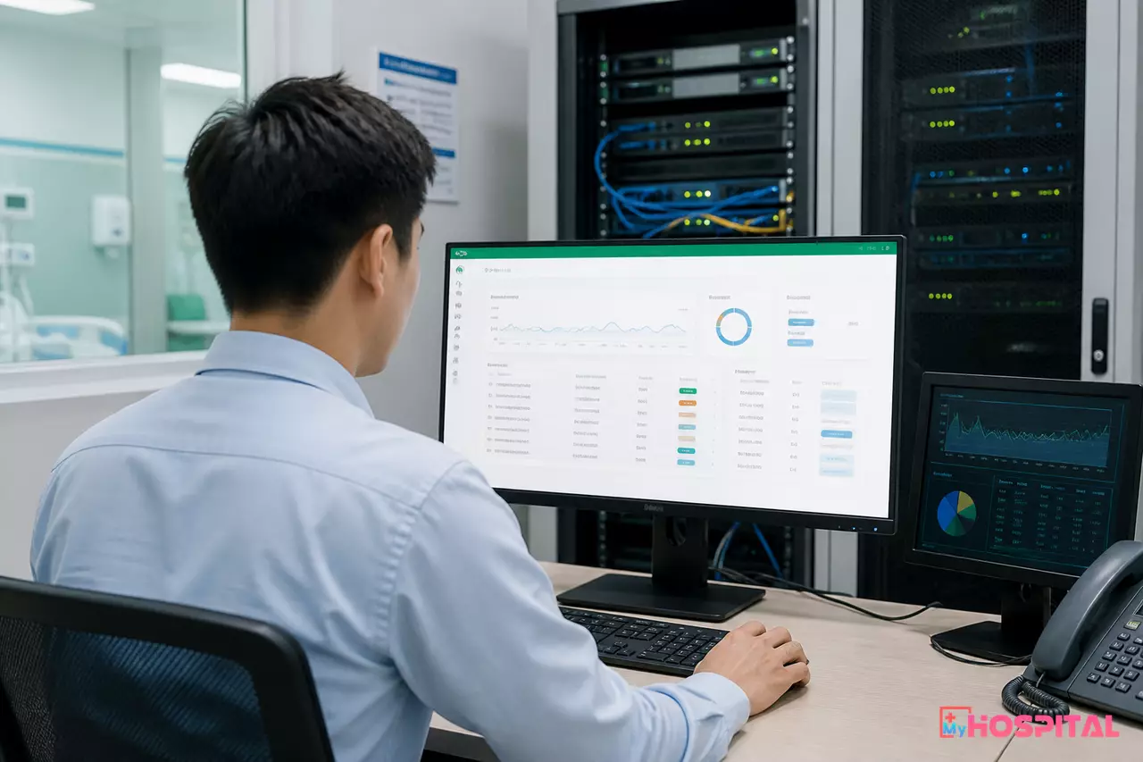 Nhân viên IT bệnh viện thực hiện đồng bộ dữ liệu BHYT hàng loạt lên hệ thống sau khi mạng nội bộ phục hồi