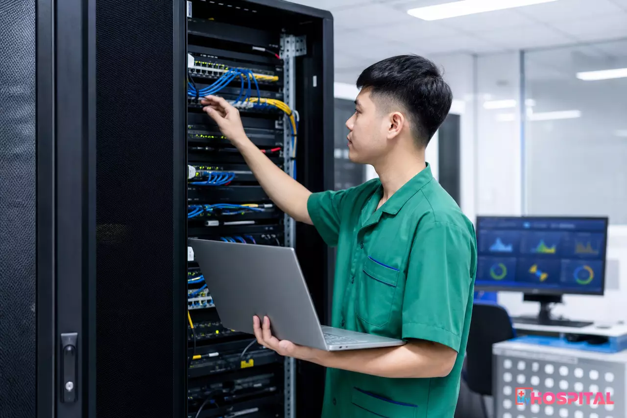 Nhân viên công nghệ thông tin bệnh viện kiểm tra hệ thống kết nối mạng