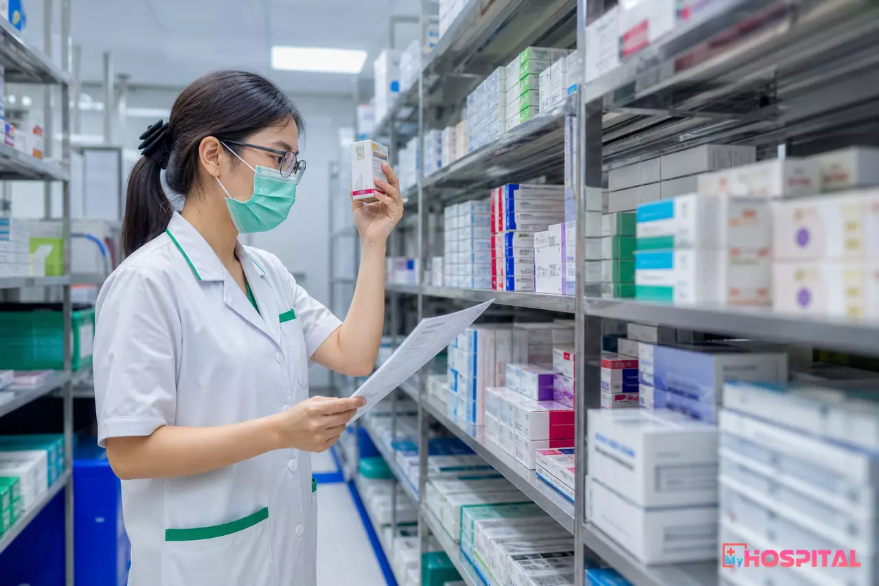 Nhân viên kho dược bệnh viện kiểm tra nhãn và số lô trên hộp thuốc đối chiếu phiếu nhập kho