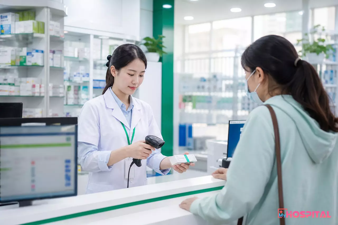 Nhân viên quầy thuốc quét mã vạch kiểm tra thuốc trước khi giao cho người bệnh