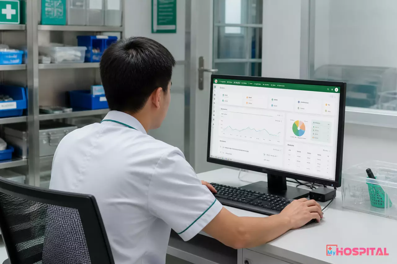 Nhân viên kỹ thuật theo dõi dữ liệu nhiệt độ kho lạnh trên màn hình máy tính trong phòng kho dược