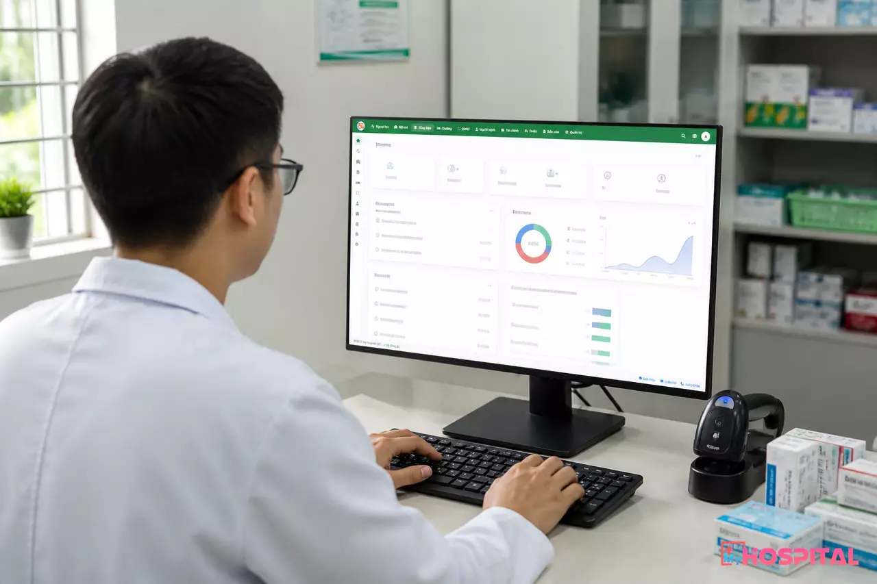 Dược sĩ nhập liệu kiểm kê kho dược trên phần mềm MyHospital