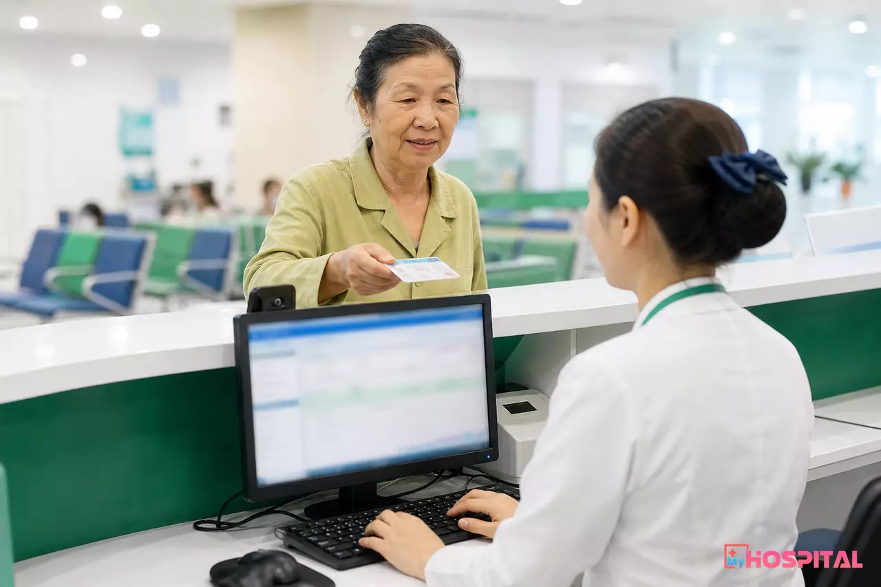 Nhân viên tiếp đón nhập thông tin người bệnh trên máy tính tại quầy tiếp nhận