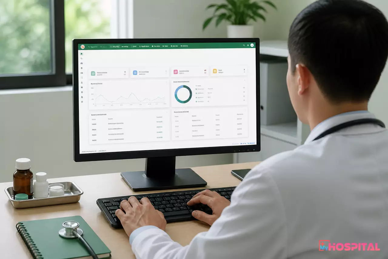 Dược sĩ ngồi tại máy tính trong phòng làm việc cạnh kho dược để nhập liệu xuất thuốc gây nghiện