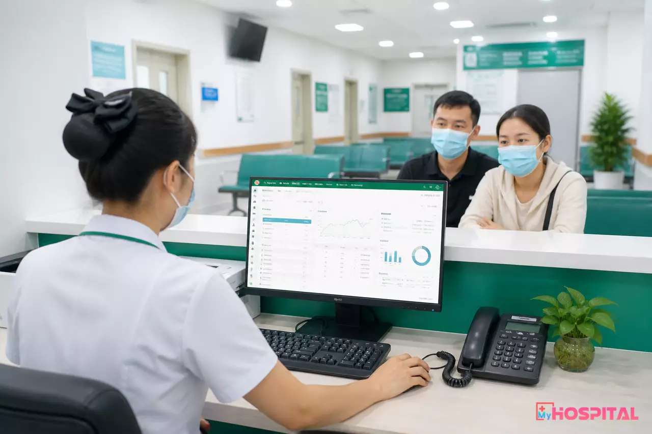 Nhân viên tiếp đón thao tác lập hồ sơ nhập viện nội trú trên máy tính