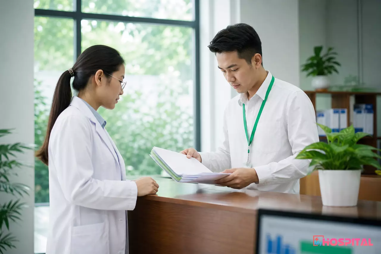 Cán bộ tiếp nhận hồ sơ đăng ký tài khoản do dược sĩ nộp tại quầy hành chính