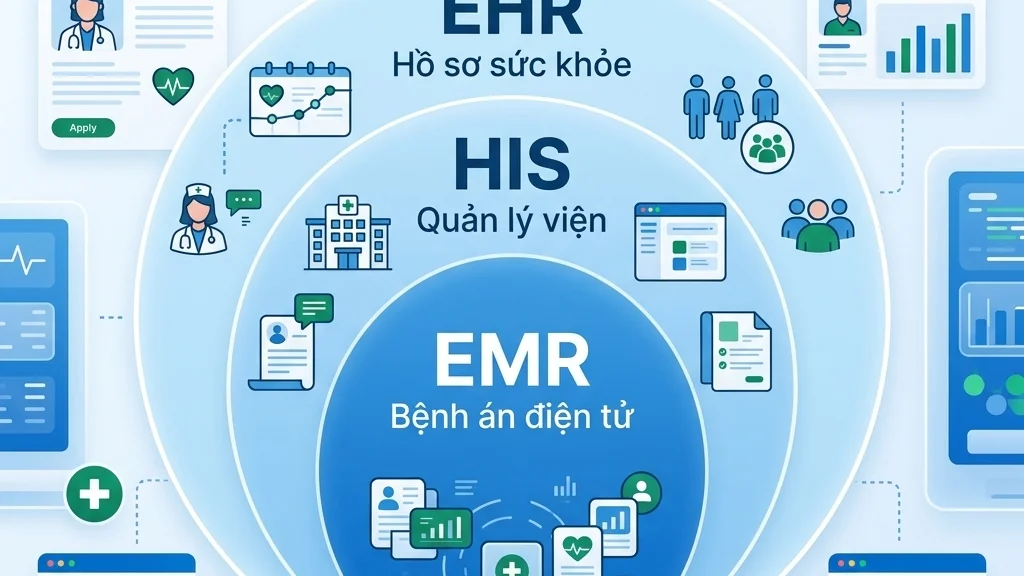 Sơ đồ phân biệt bệnh án điện tử EMR, hồ sơ sức khỏe điện tử EHR và hệ thống thông tin bệnh viện HIS