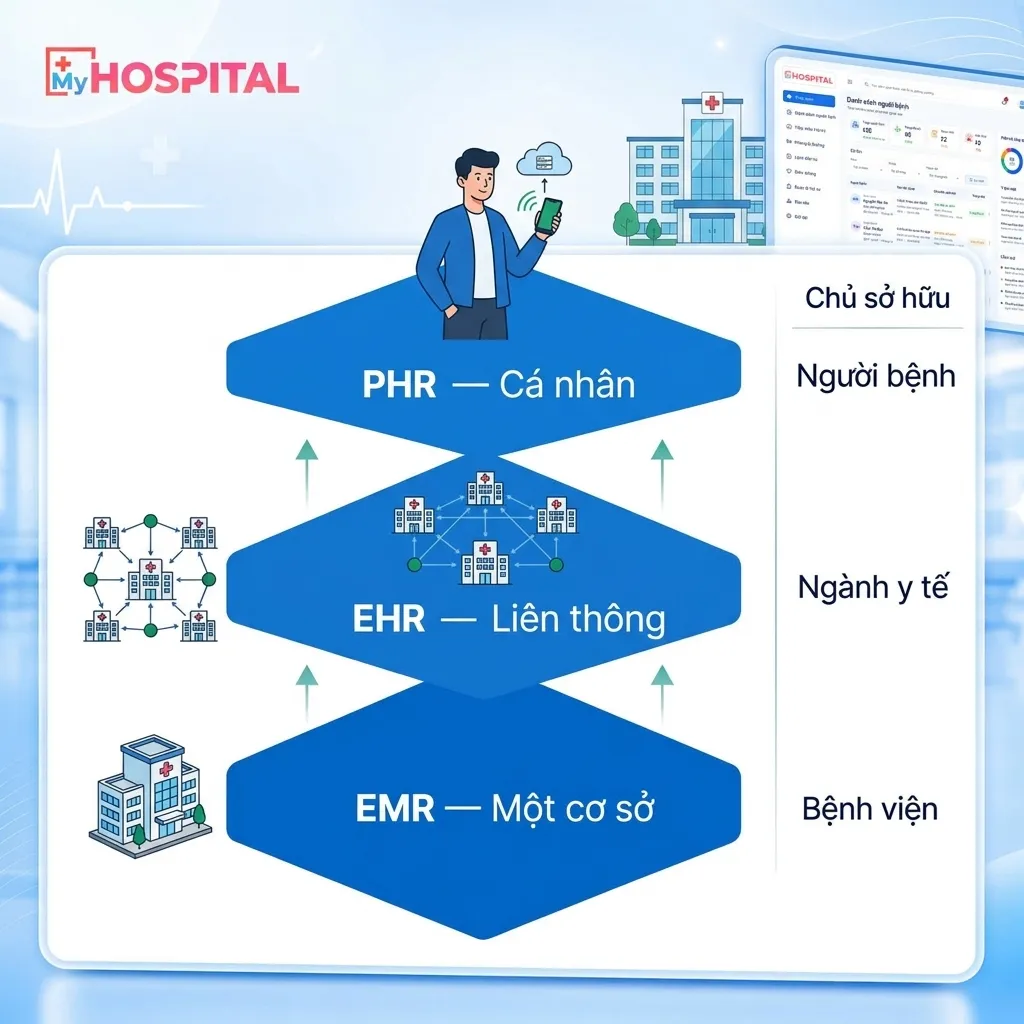 Sơ đồ phân tầng EMR EHR PHR theo chủ sở hữu và phạm vi liên thông dữ liệu y tế