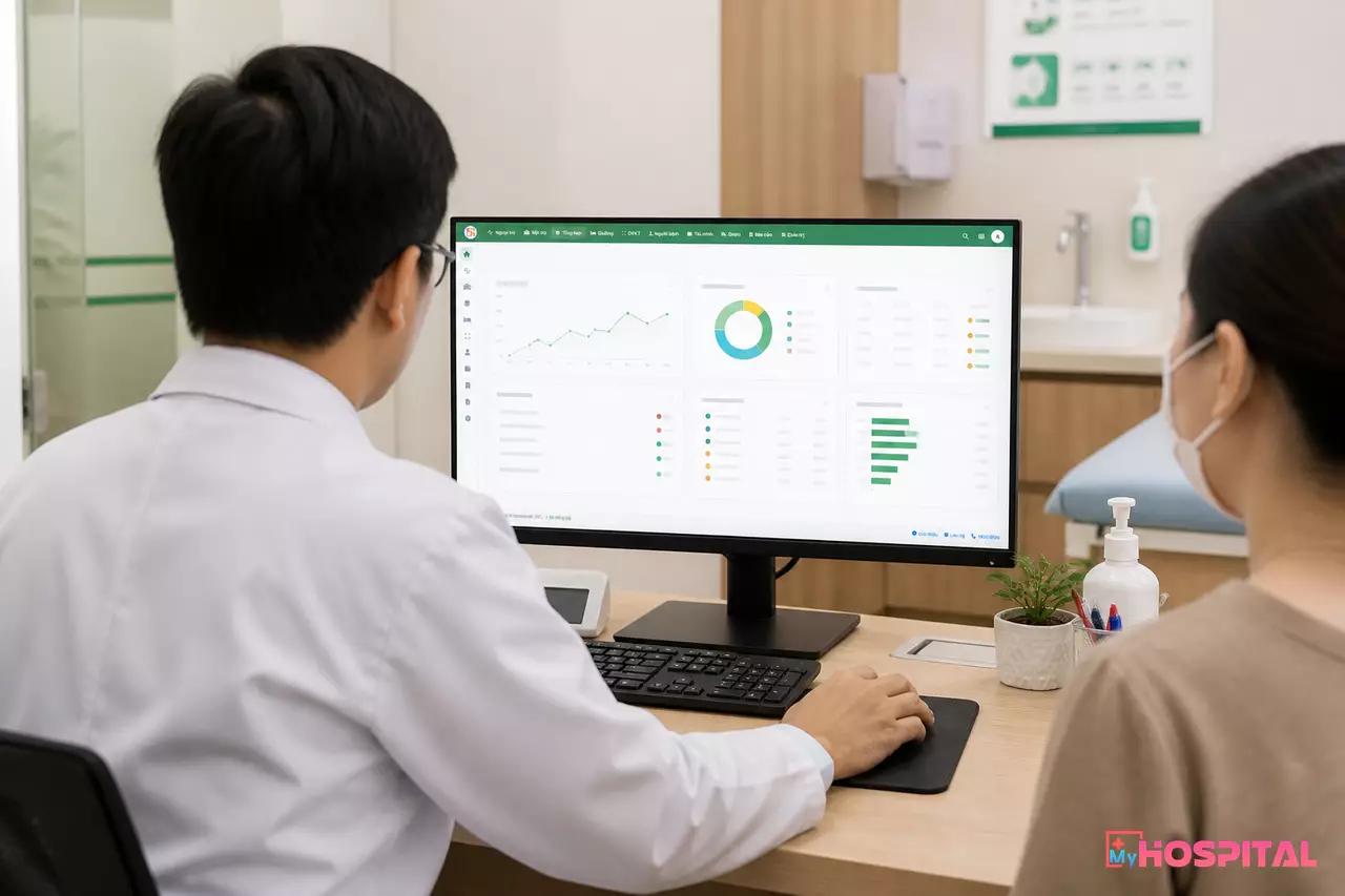 Bác sĩ lâm sàng xem kết quả cận lâm sàng cùng người bệnh trong phòng khám
