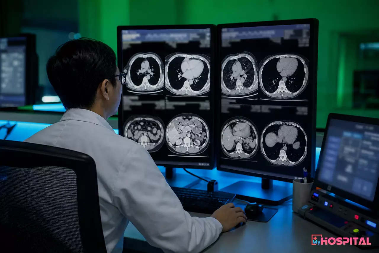 Bác sĩ chẩn đoán hình ảnh đọc phim CT trên hai màn hình chuyên dụng