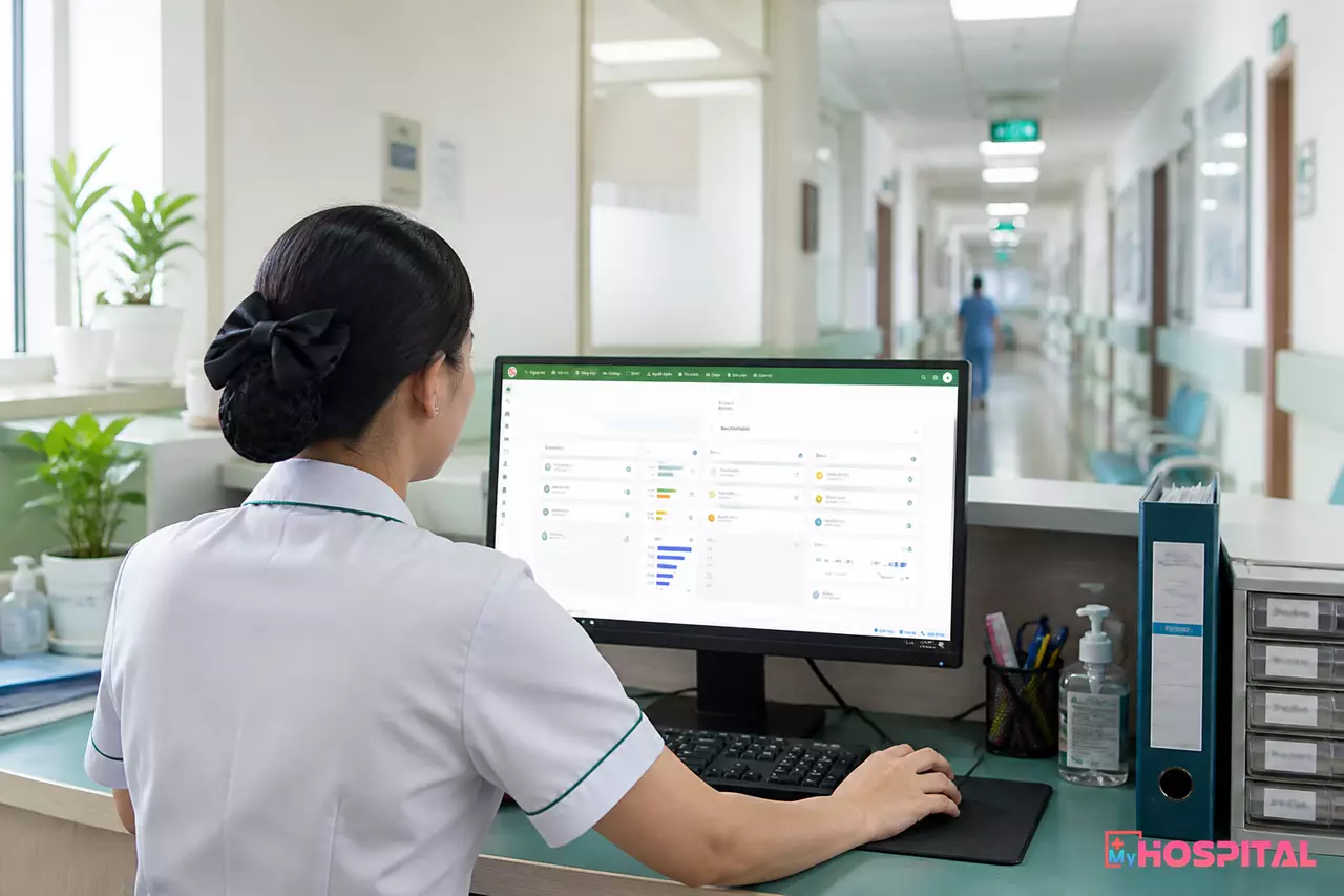 Điều dưỡng trưởng xếp lịch trực trên máy tính tại trạm điều dưỡng