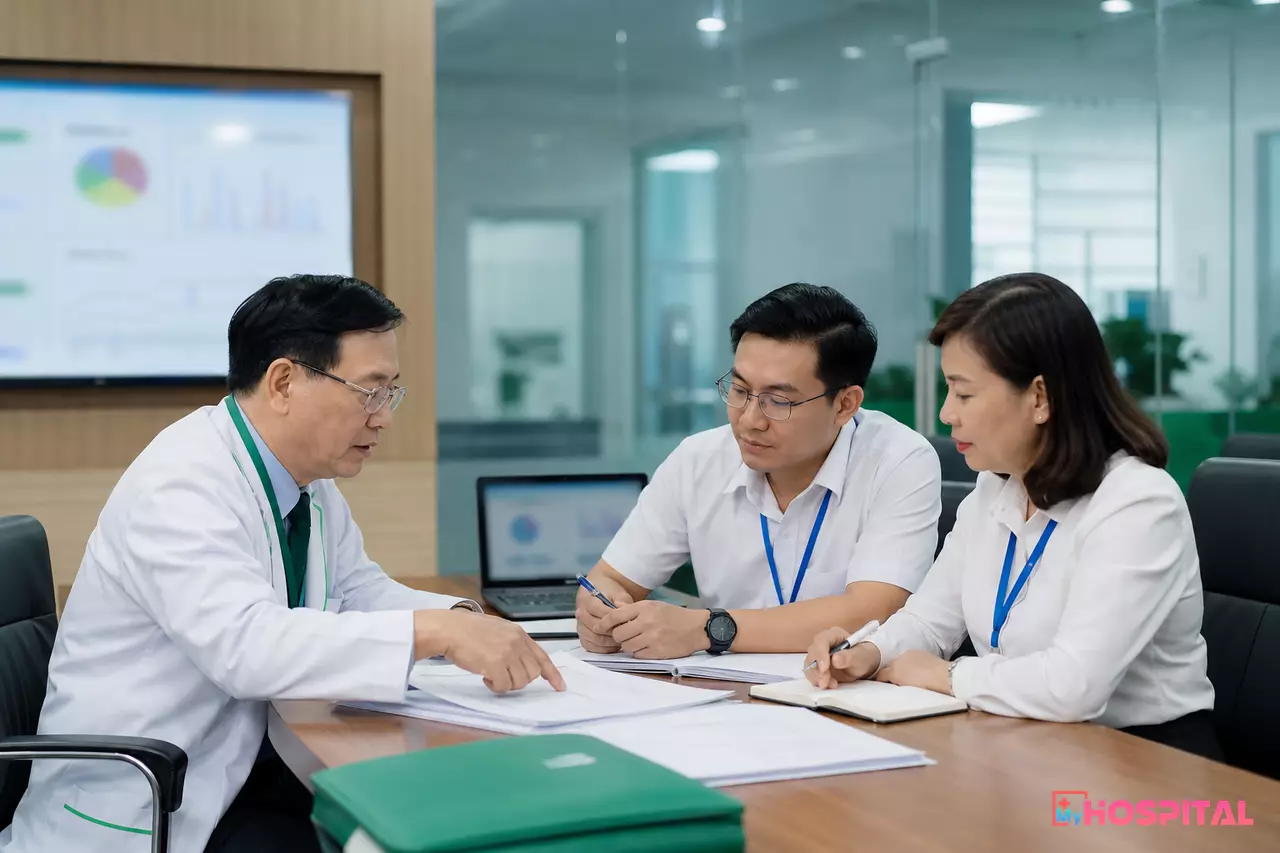 Cuộc họp lãnh đạo và phòng CNTT bàn việc phân loại cấp độ hệ thống HIS