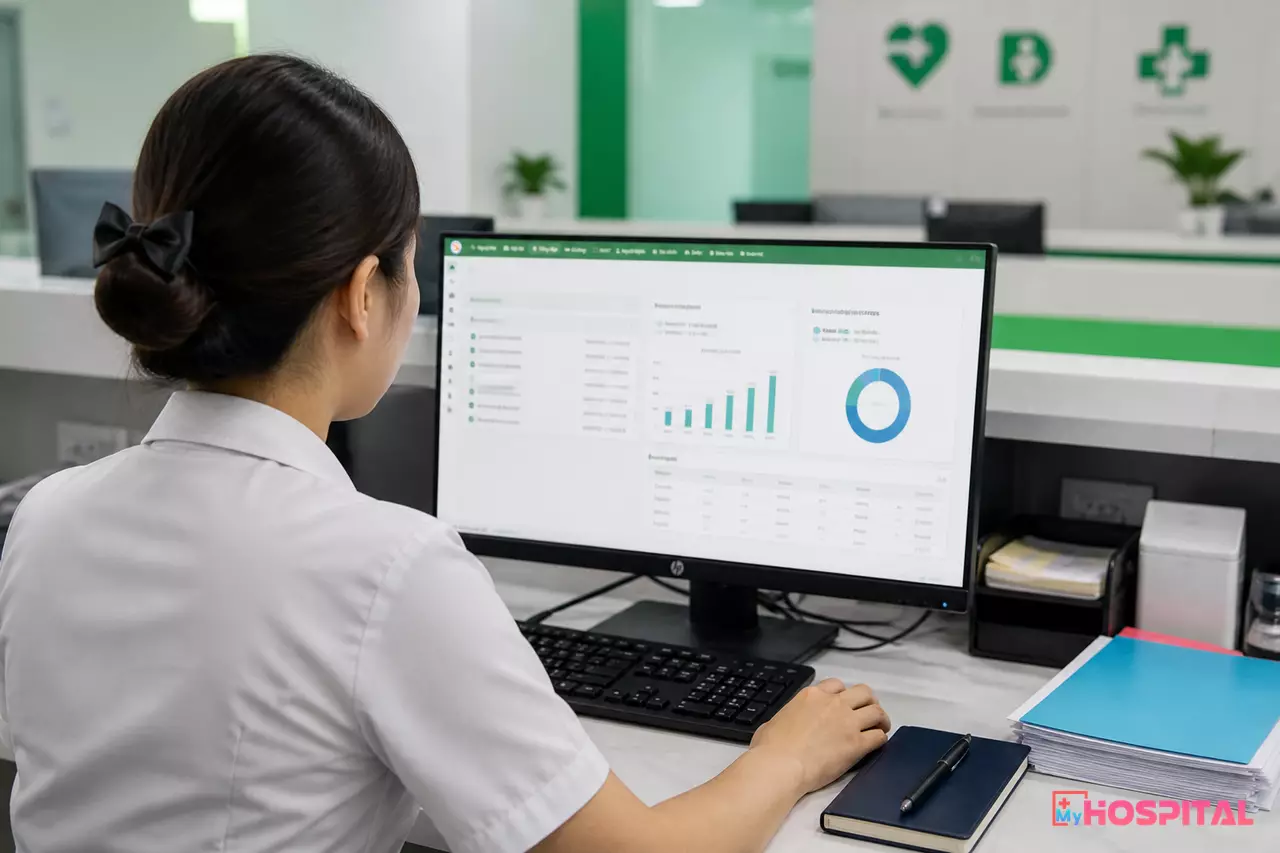 Nhân viên thu ngân viện phí nhìn từ sau lưng đang thao tác trên phần mềm quản lý bệnh viện
