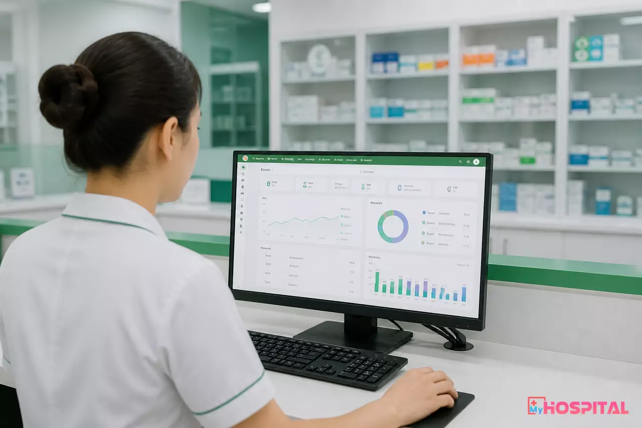 Điều dưỡng đứng trước máy tính lập phiếu hoàn trả thuốc trên phần mềm quản lý kho dược