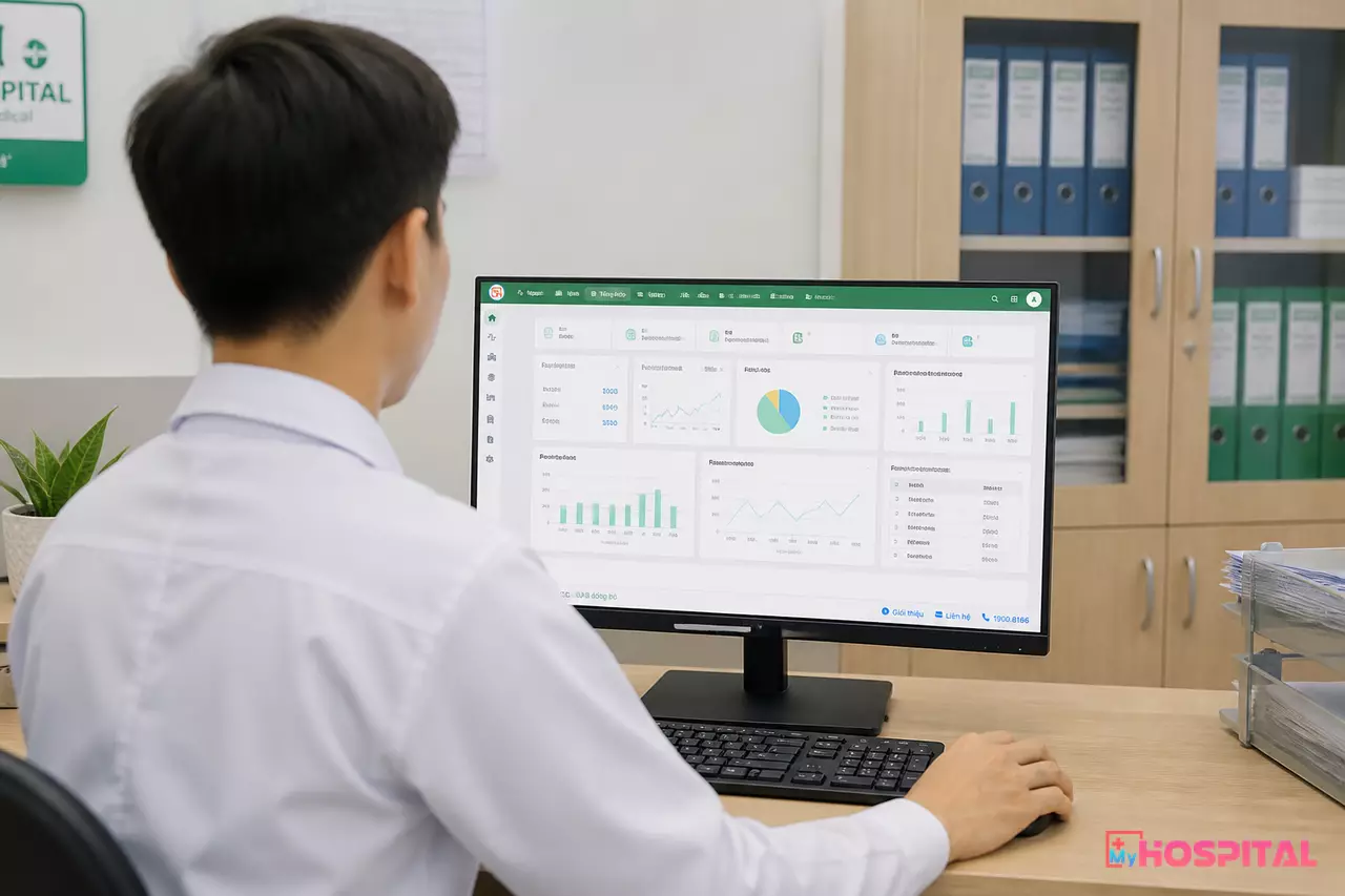 Kế toán viên bệnh viện làm việc với phần mềm liên thông dữ liệu viện phí và kế toán