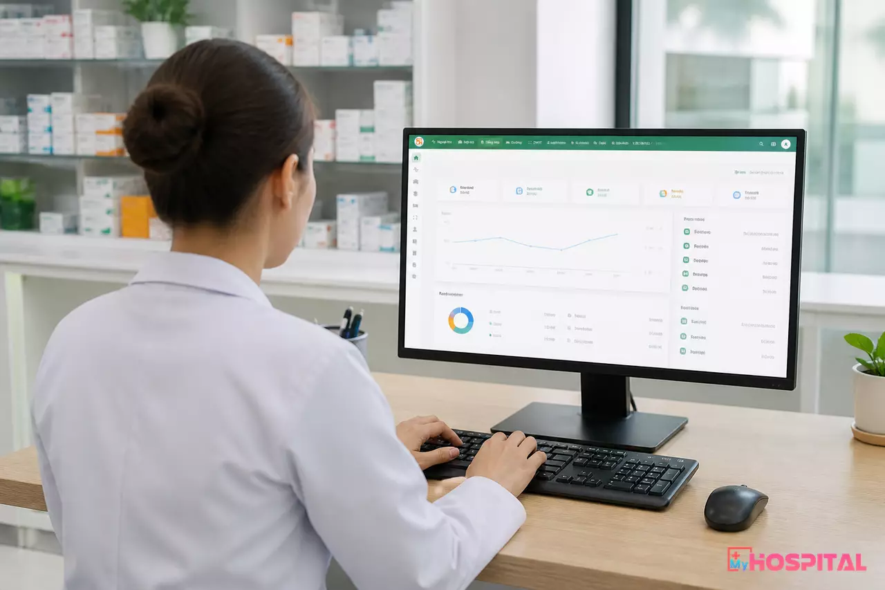 Nhân viên phòng khám thao tác trên phần mềm quản lý dược tại quầy làm việc