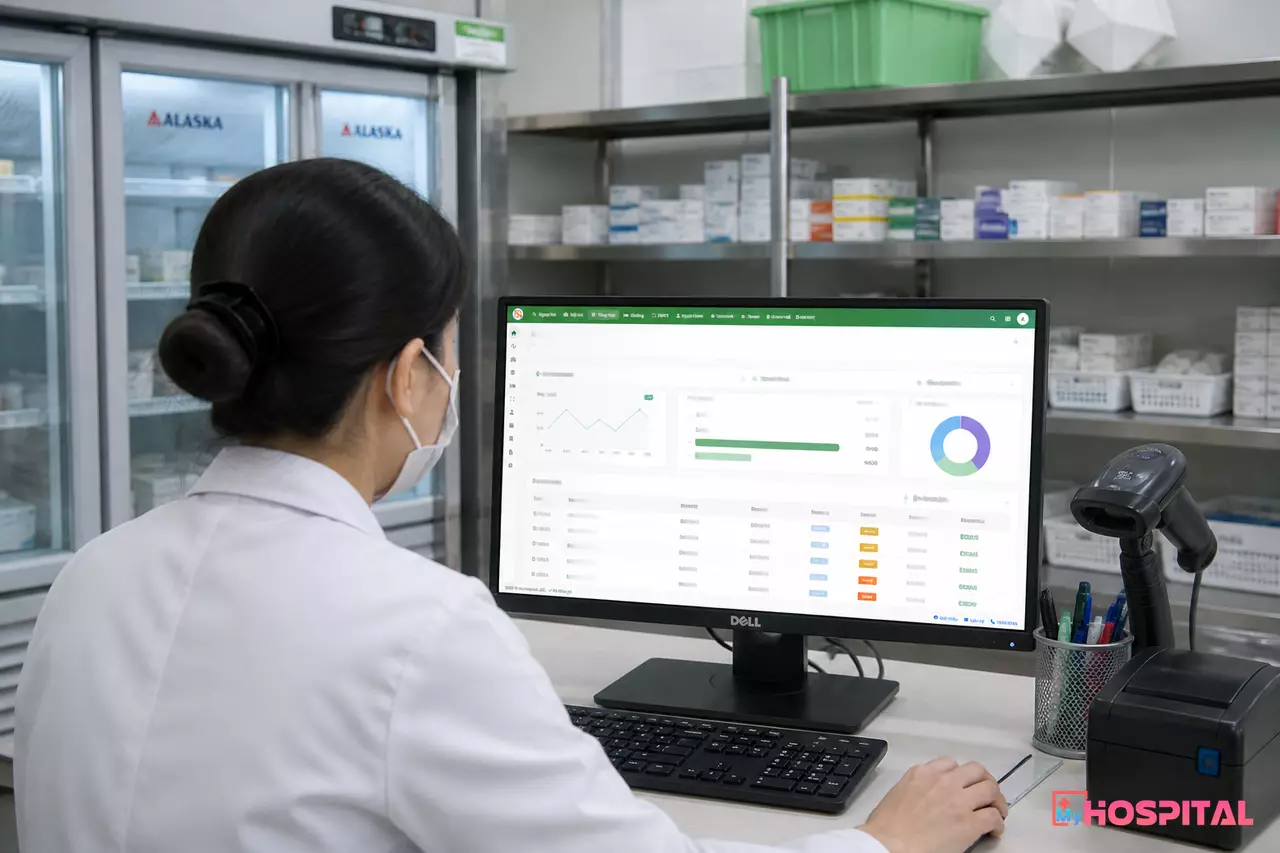 Màn hình máy tính hiển thị phần mềm quản lý kho vắc xin và báo cáo doanh thu tại quầy trung tâm tiêm chủng