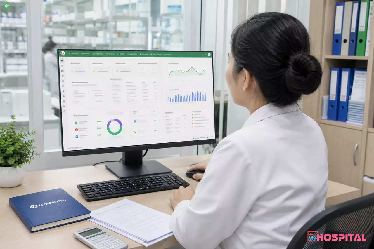 Dược sĩ theo dõi báo cáo hao hụt thuốc trên phần mềm quản lý kho dược