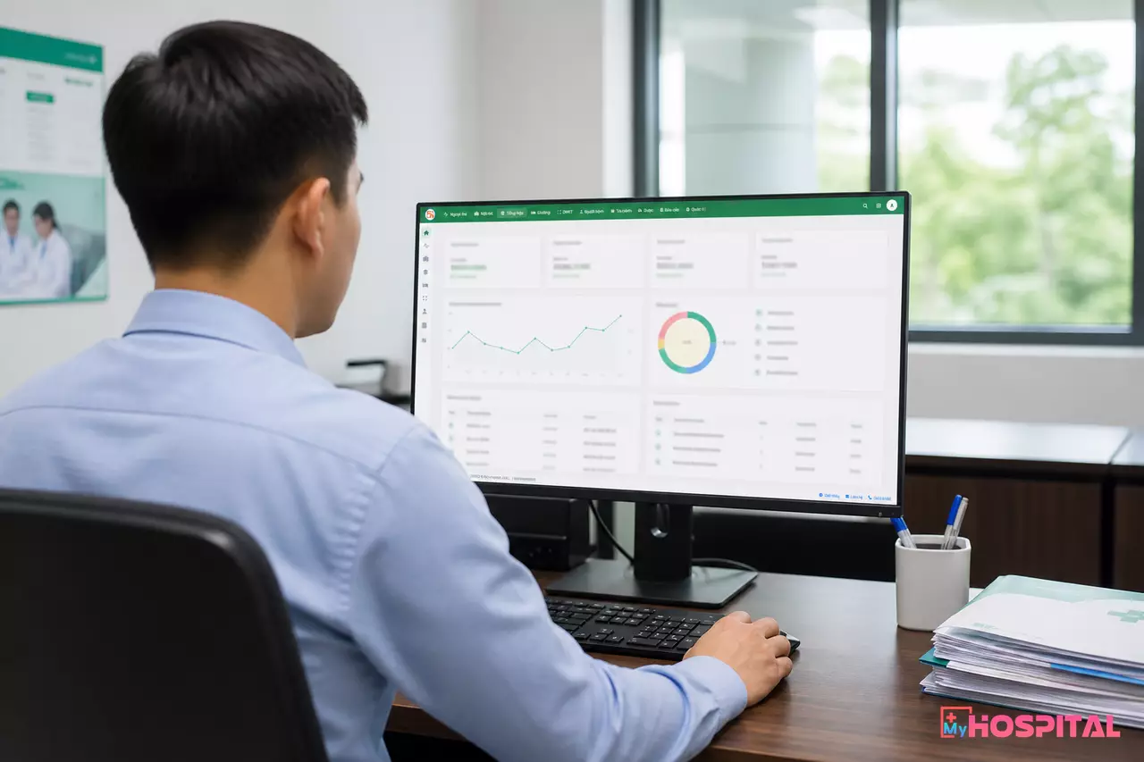 Người quản lý xem xét màn hình phân quyền truy cập trên phần mềm quản lý bệnh viện