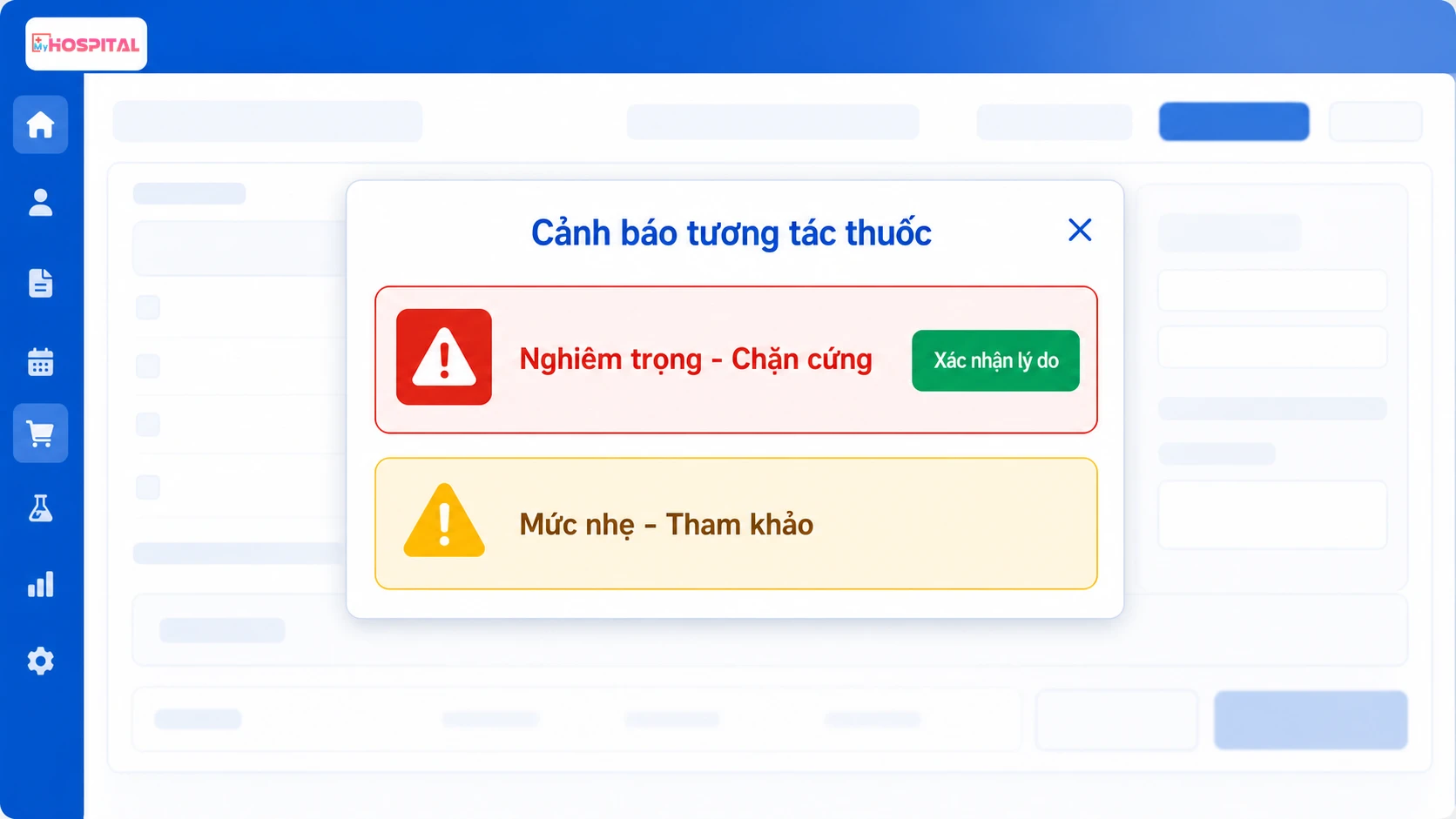 Giao diện cảnh báo tương tác thuốc phân tầng nghiêm trọng và nhẹ