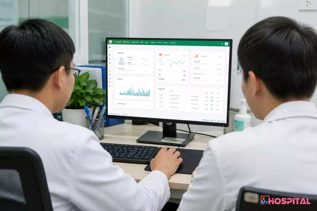 Hai bác sĩ khoa nội cùng xem hồ sơ bệnh án điện tử của ca tái nhập viện trên máy tính