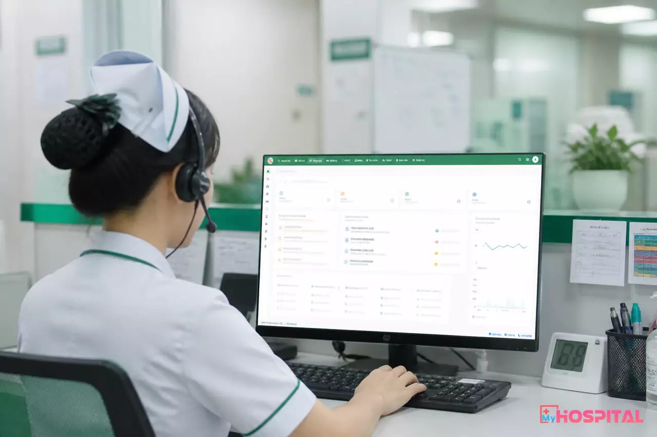 Điều dưỡng xem phiếu chăm sóc do giọng nói tạo ra trên màn hình phần mềm