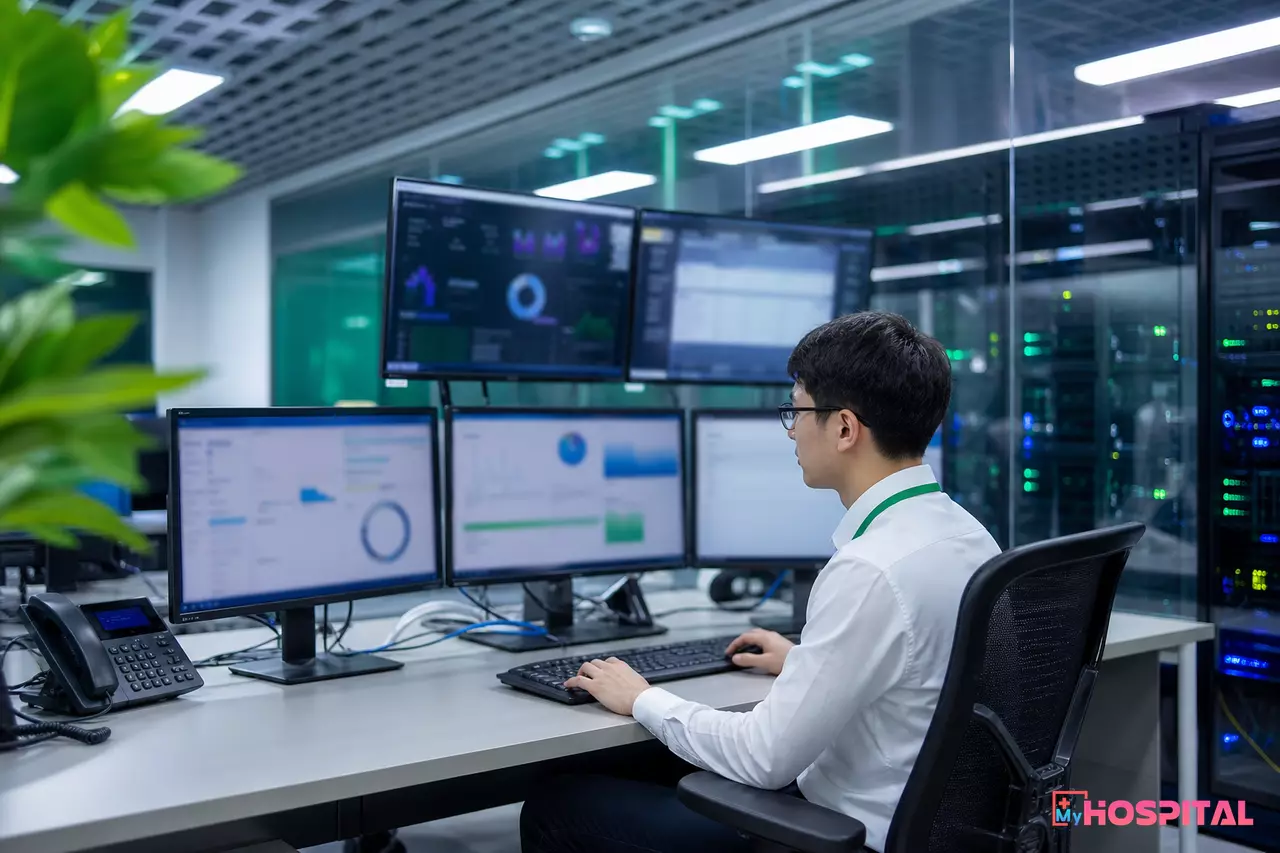 Nhân viên phòng công nghệ thông tin bệnh viện kiểm tra hệ thống kết nối dữ liệu dược