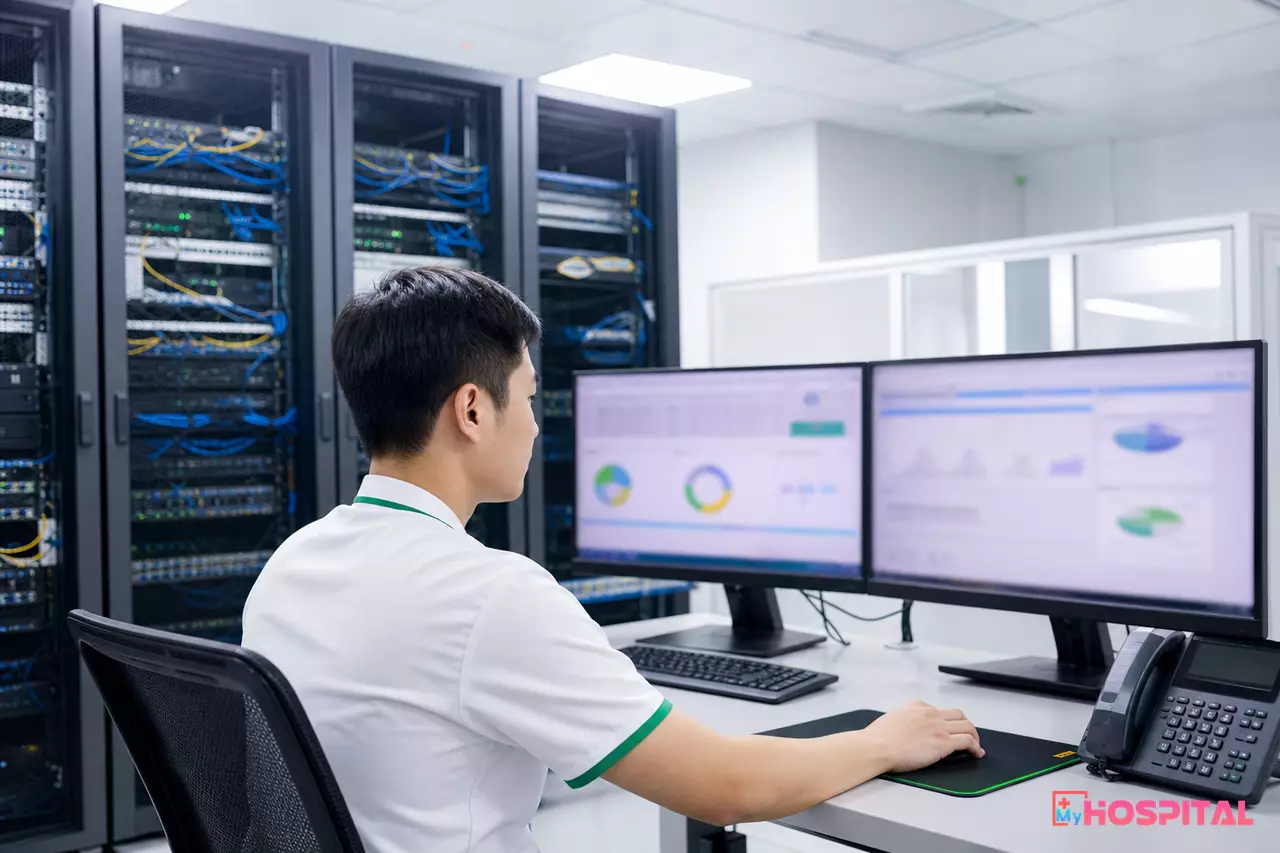 Nhân viên công nghệ thông tin bệnh viện làm việc trong phòng kỹ thuật