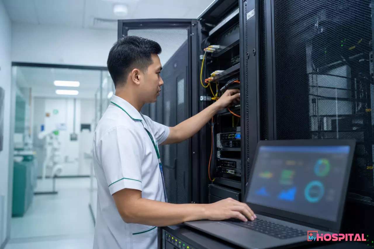 Kỹ sư CNTT bệnh viện kiểm tra tủ mạng và máy chủ phục vụ liên thông dữ liệu y tế
