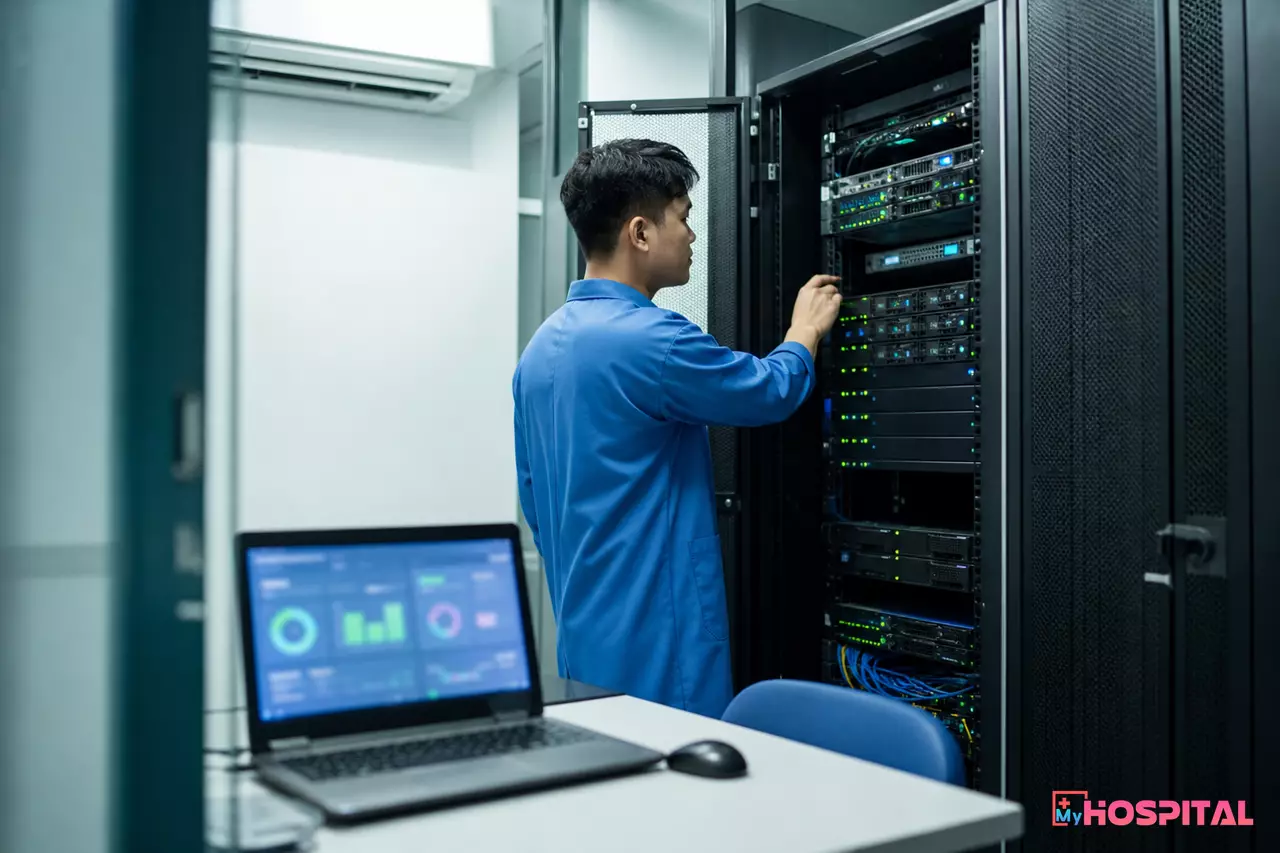Kỹ sư công nghệ thông tin kiểm tra tủ máy chủ trong phòng máy bệnh viện