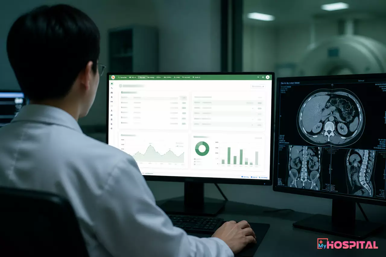 Bác sĩ đọc phim trên phần mềm MyHospital tại phòng đọc phim chẩn đoán hình ảnh