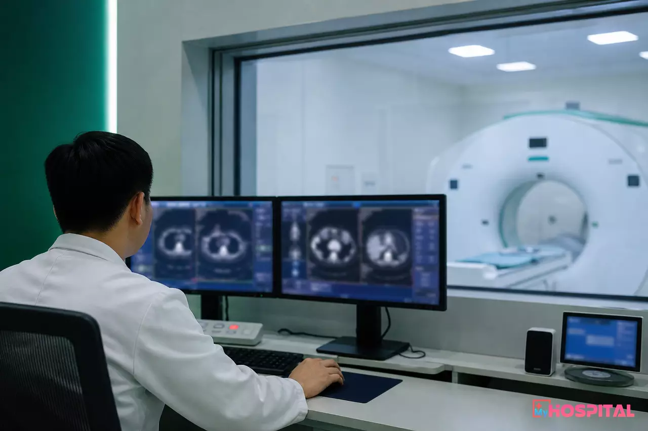 Bác sĩ chẩn đoán hình ảnh xem phim cắt lớp trên trạm đọc của hệ thống RIS và PACS
