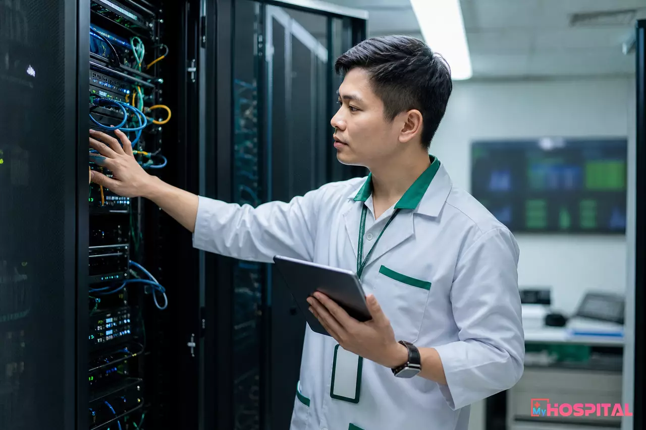 Kỹ sư CNTT kiểm tra hạ tầng mạng phục vụ liên thông đơn thuốc quốc gia