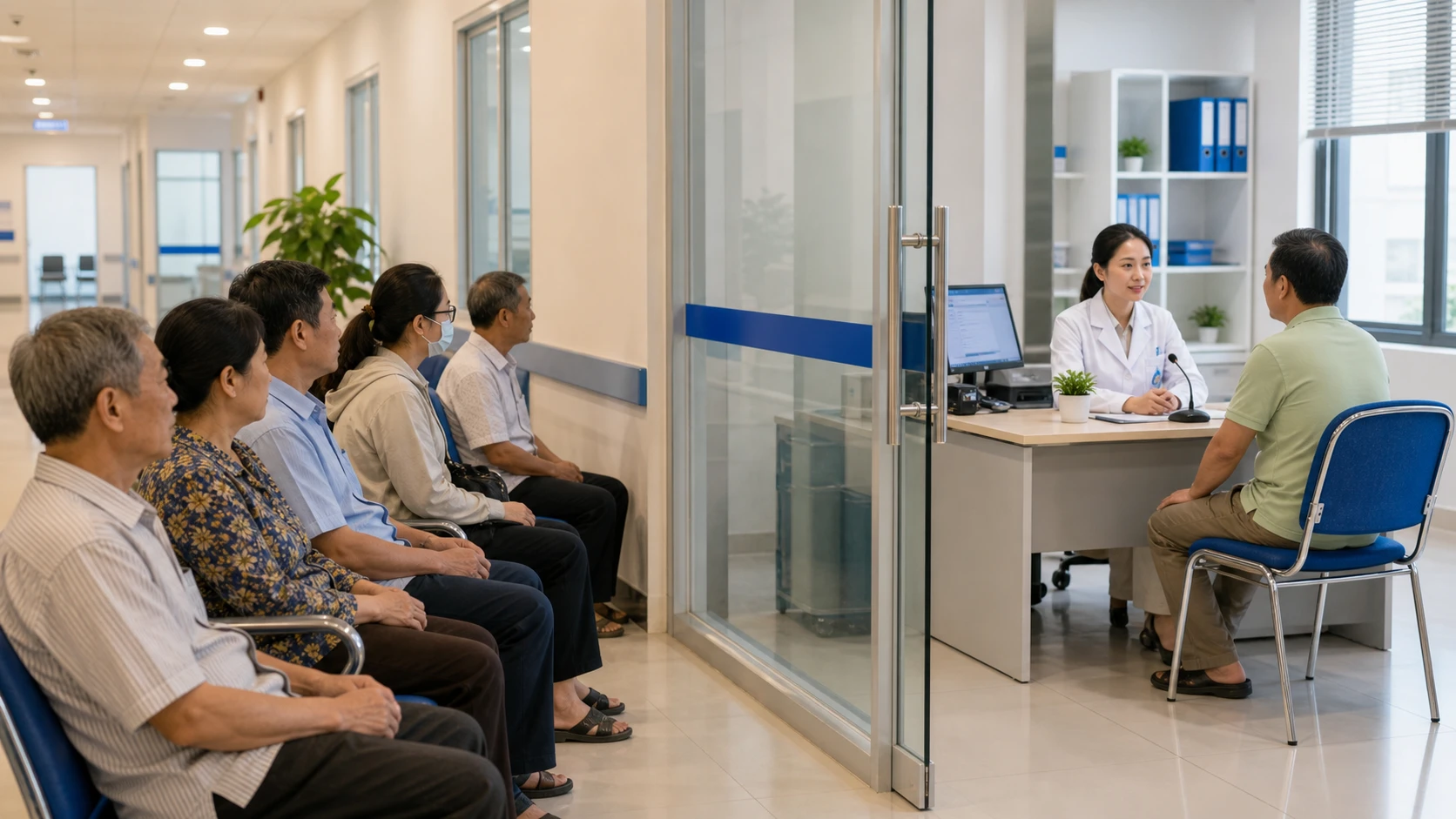 Phòng khám ngoại trú đông người bệnh, bác sĩ khám nhanh không cúi bàn phím