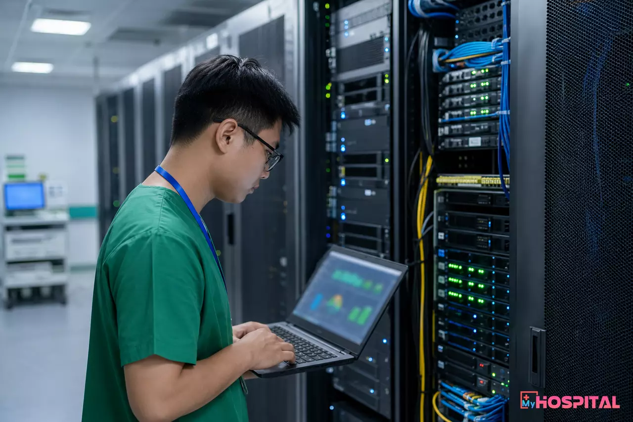 Phòng máy chủ bệnh viện nơi dữ liệu khám chữa bệnh được xử lý trước khi gửi lên hệ thống liên thông y tế quốc gia