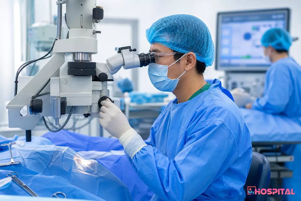 Bác sĩ phẫu thuật viên thao tác trên kính hiển vi phẫu thuật trong ca mổ phaco khoa Mắt