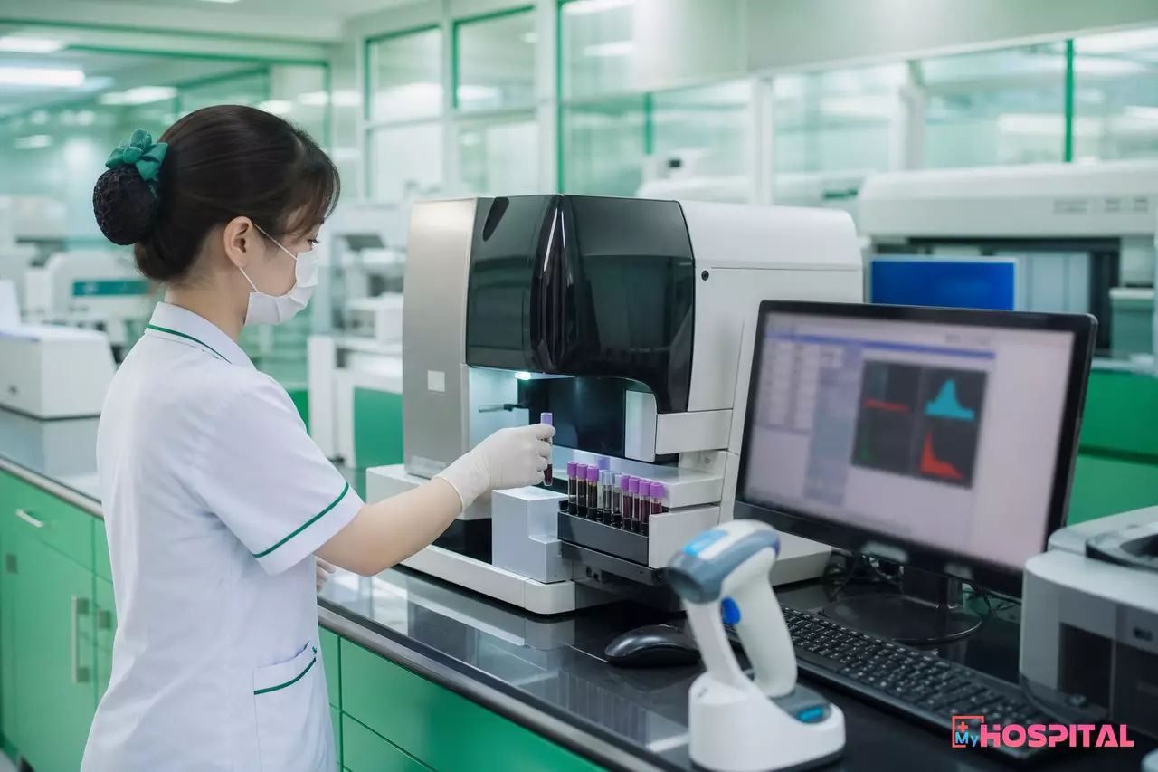 Kỹ thuật viên đặt ống máu vào máy phân tích tại phòng xét nghiệm đã số hóa