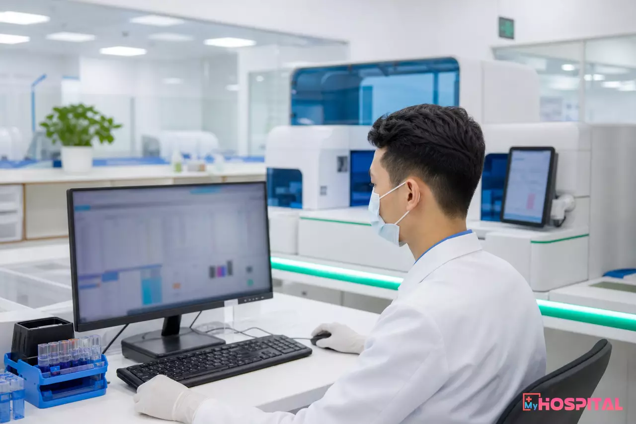 Bác sĩ xét nghiệm duyệt kết quả trên máy tính cạnh dàn máy phân tích huyết học