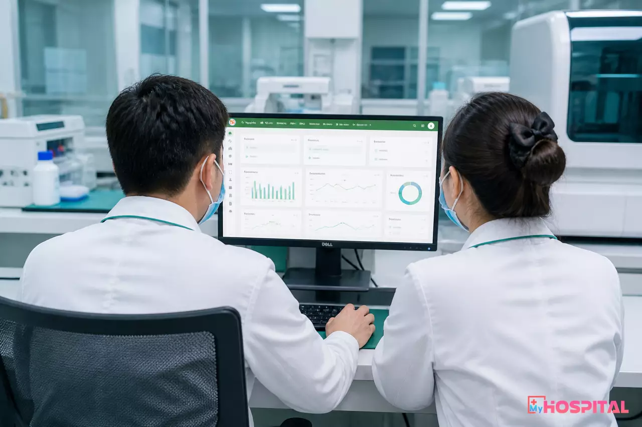 Trưởng khoa xét nghiệm và kỹ thuật viên xem dữ liệu nội kiểm trên màn hình LIS
