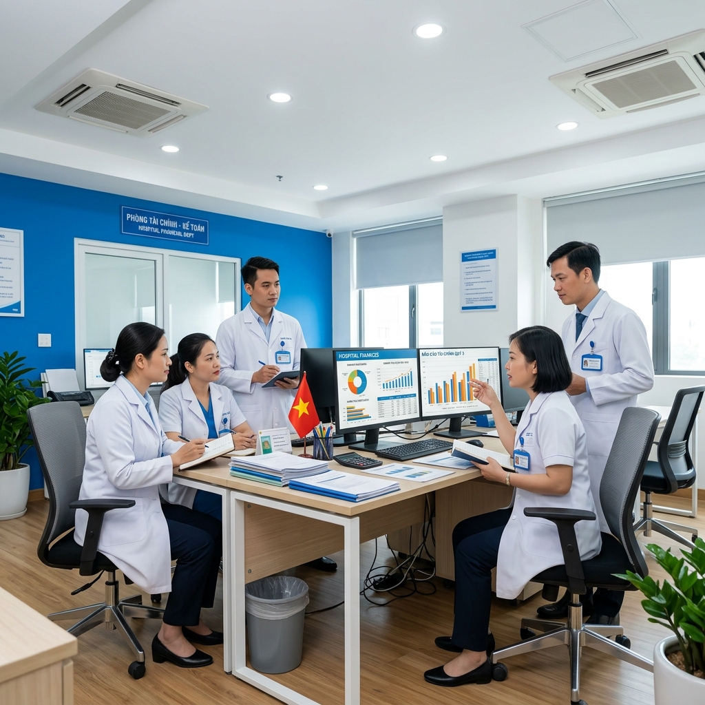 Bộ phận thu ngân viện phí và tài chính - kế toán bệnh viện làm việc với số liệu tạm ứng nội trú