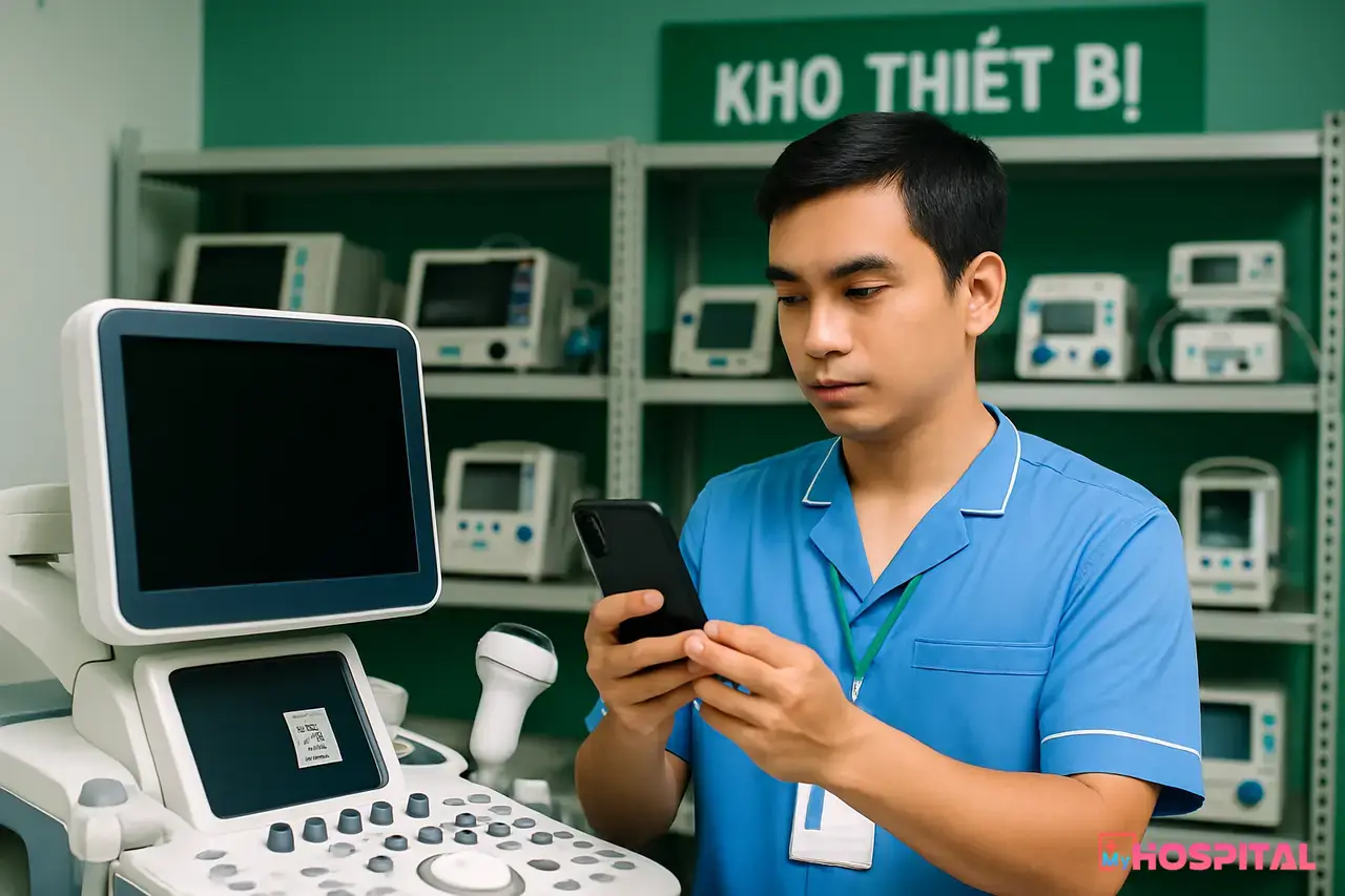 Kỹ thuật viên quét mã QR định danh thiết bị y tế mới nhập kho tại bệnh viện