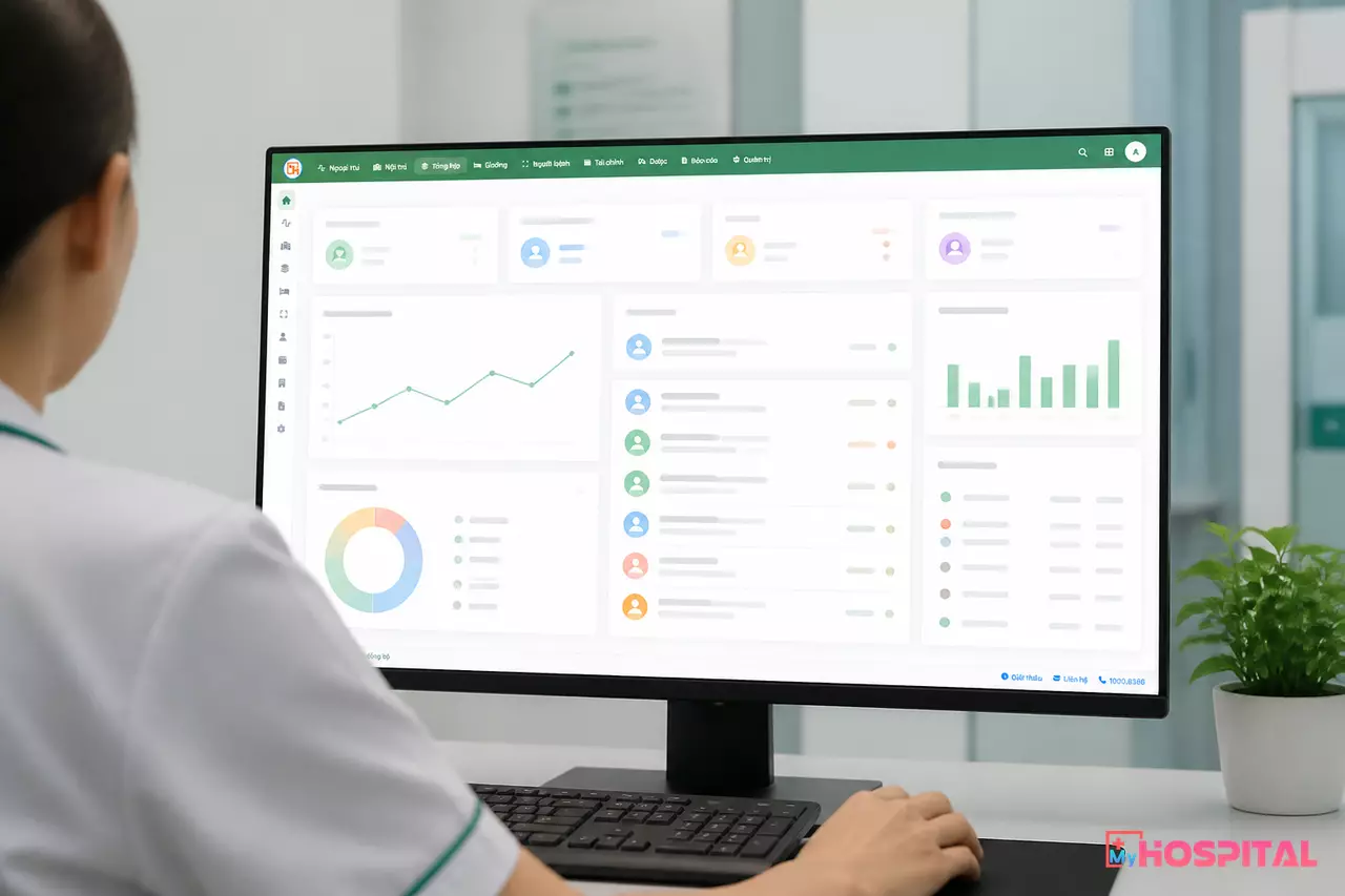 Ban lãnh đạo bệnh viện cùng xem báo cáo trên màn hình máy tính trong buổi giao ban