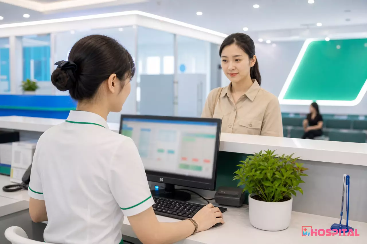 Nhân viên thu ngân xử lý hóa đơn cho người bệnh tại quầy thanh toán phòng khám đa khoa