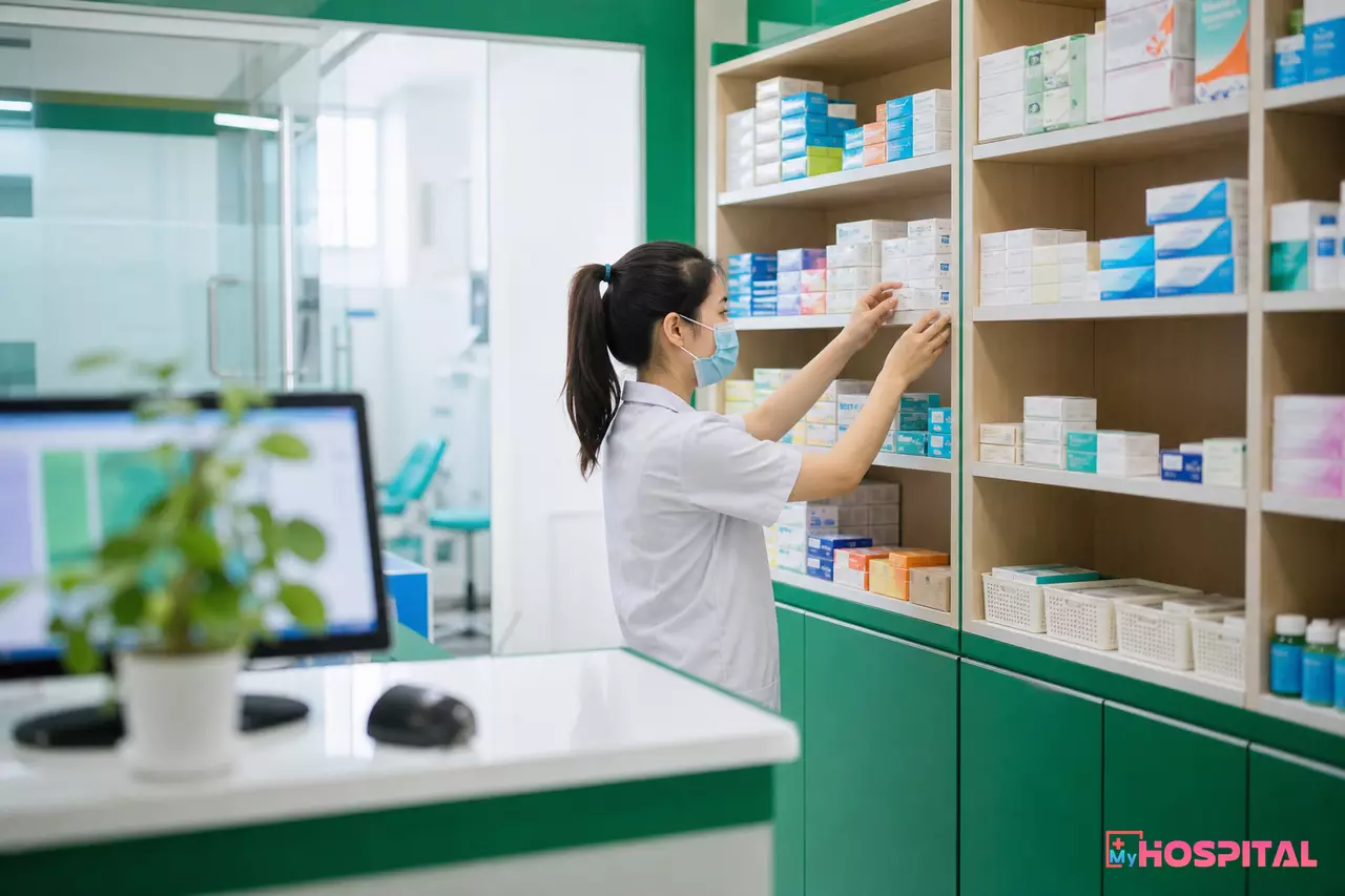 Nhân viên phòng khám nhỏ sắp xếp thuốc lên kệ tủ thuốc trong không gian quầy dược gọn