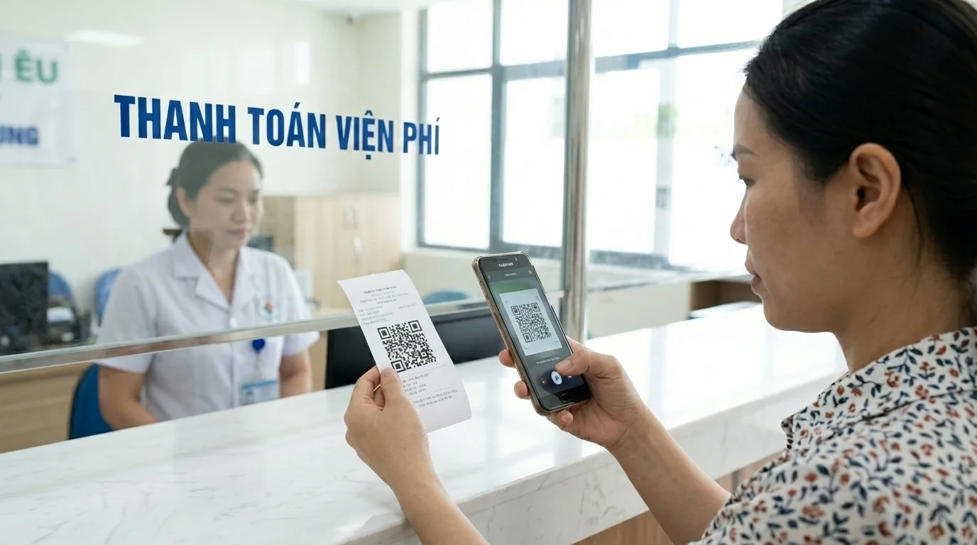 Người bệnh quét mã QR biên lai viện phí bằng điện thoại tại quầy thu ngân