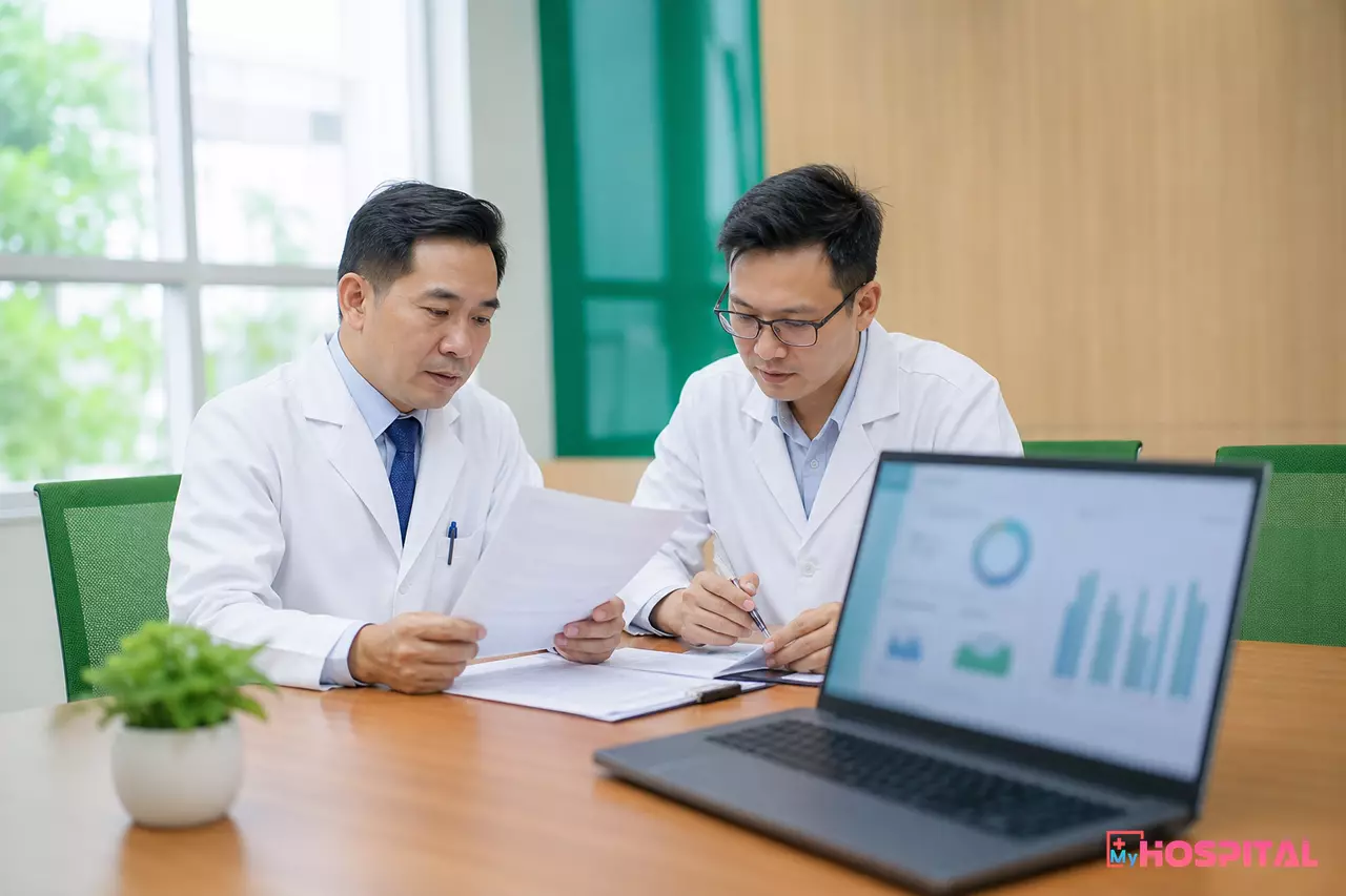 Lãnh đạo bệnh viện và phòng CNTT rà soát quy định đơn thuốc điện tử tại phòng họp