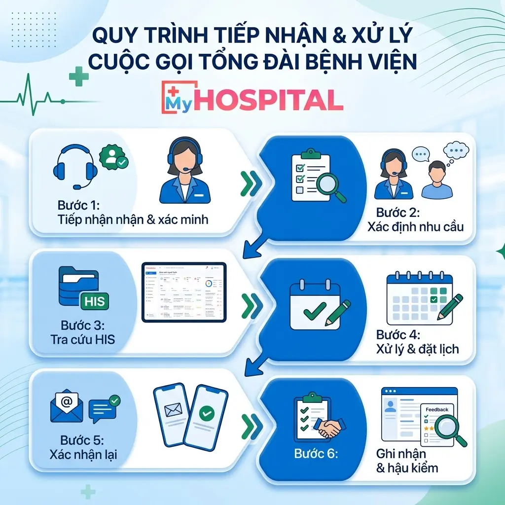 Sơ đồ quy trình 6 bước tiếp nhận cuộc gọi tổng đài bệnh viện