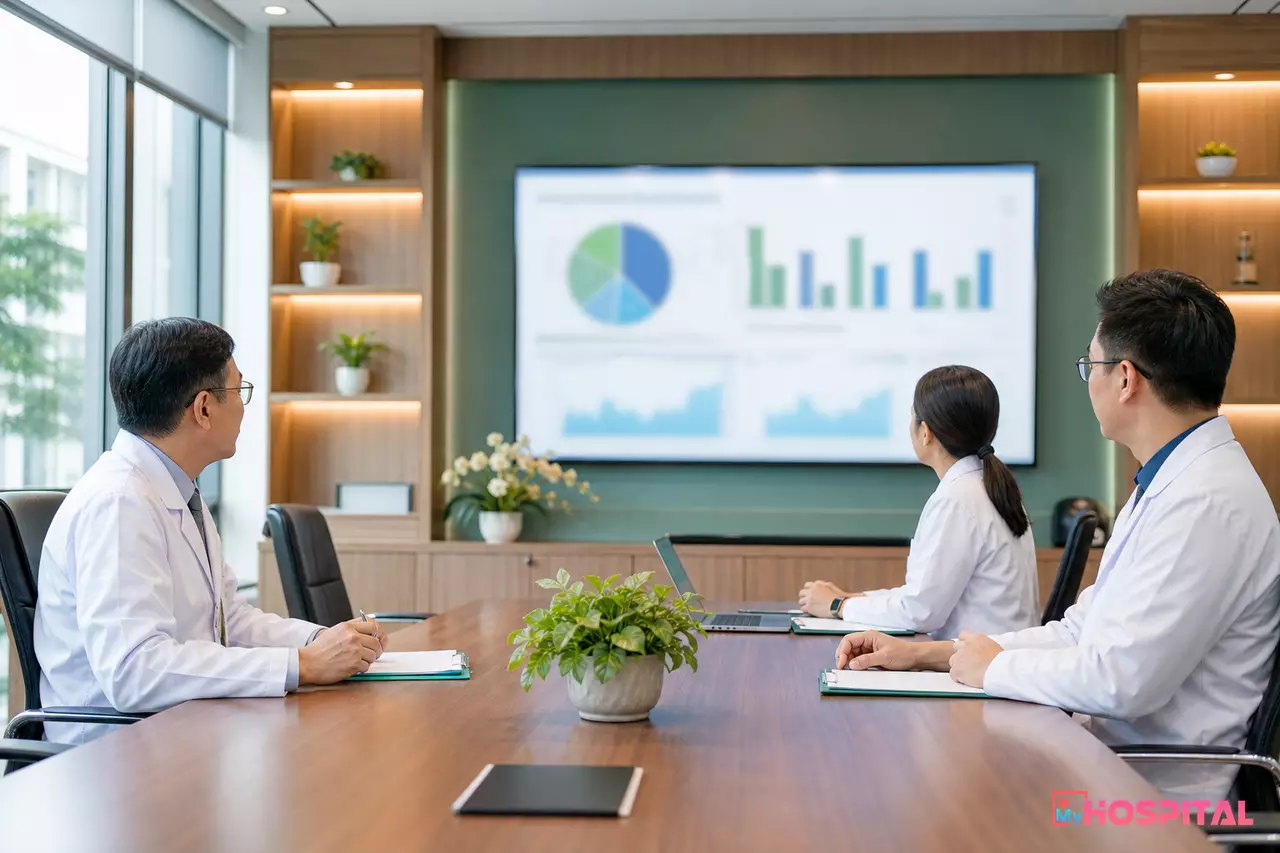 Ban giám đốc và các trưởng khoa họp bàn quyết định điều hành bệnh viện
