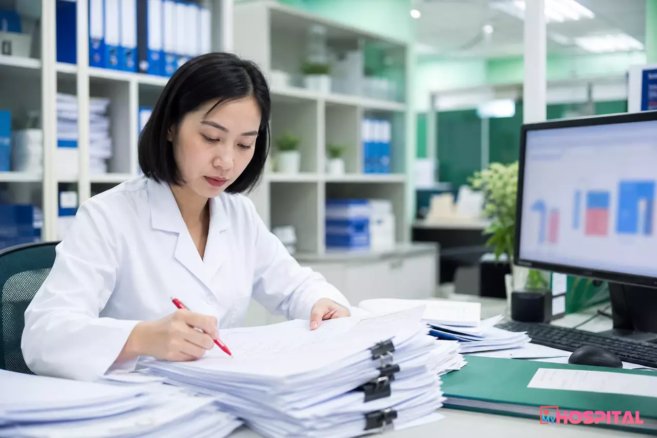 Cán bộ phòng kế hoạch tổng hợp rà soát danh mục dịch vụ kỹ thuật bằng tay