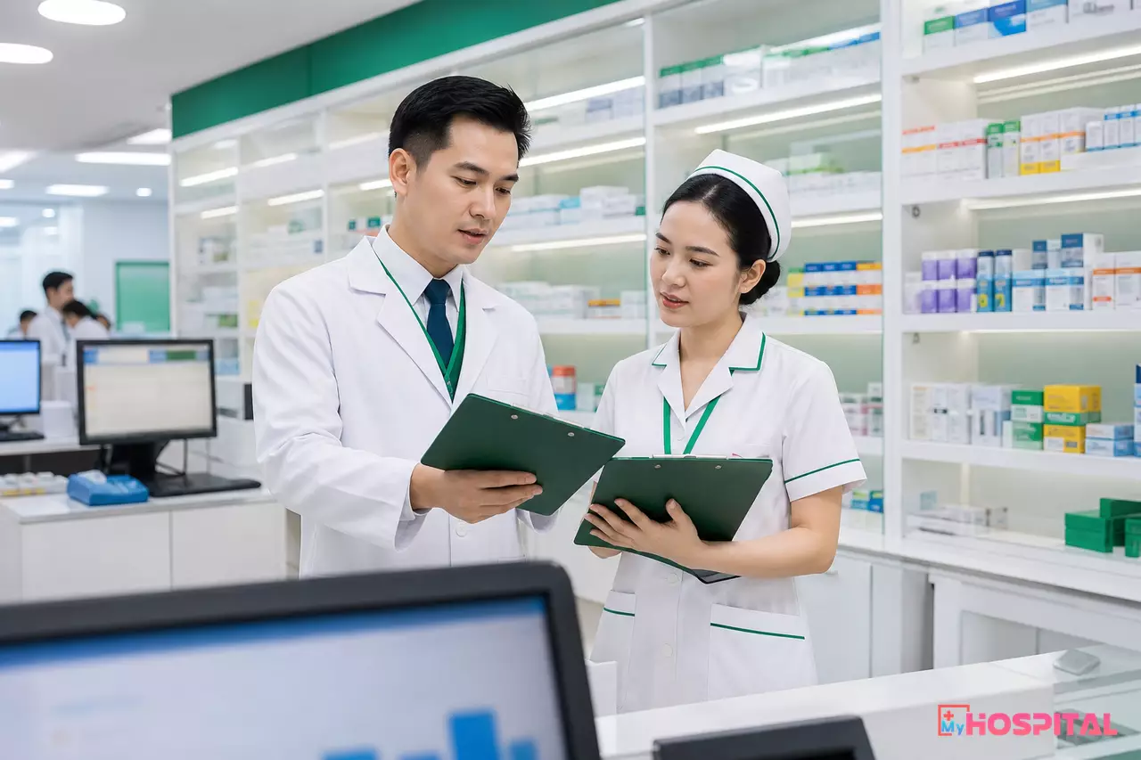 Trưởng khoa Dược và điều dưỡng trưởng rà soát tiến độ kê đơn điện tử tại quầy phát thuốc